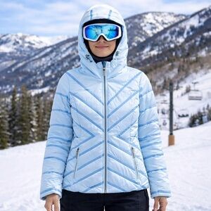 Obermeyer Ski Jacket Size 6 Womens Small Full Zip Calypso Blue 700 Down Hood